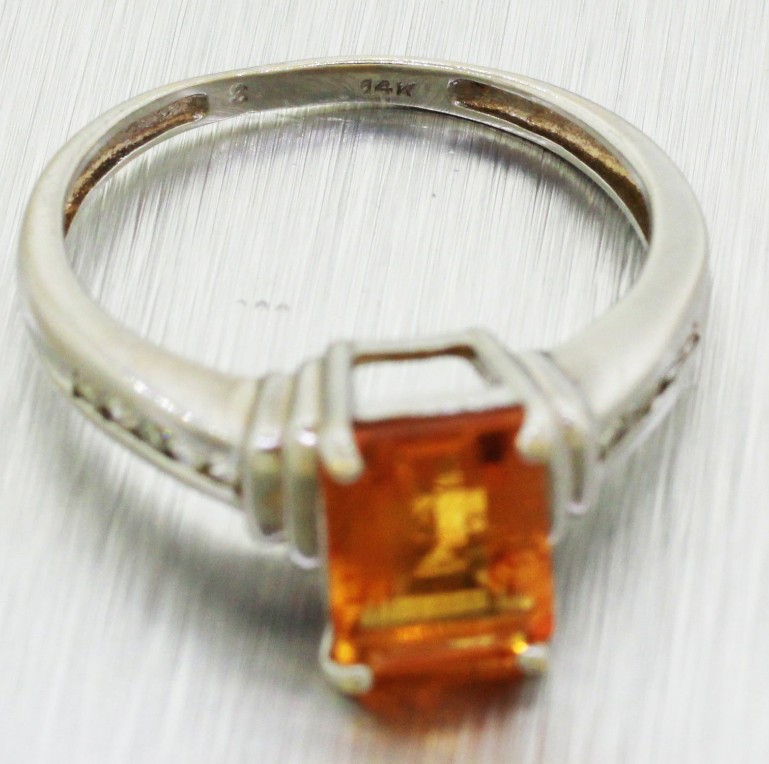 Vintage Estate 14k Solid White Gold 1ct Citrine & 0.10ctw Diamond Accent Ring