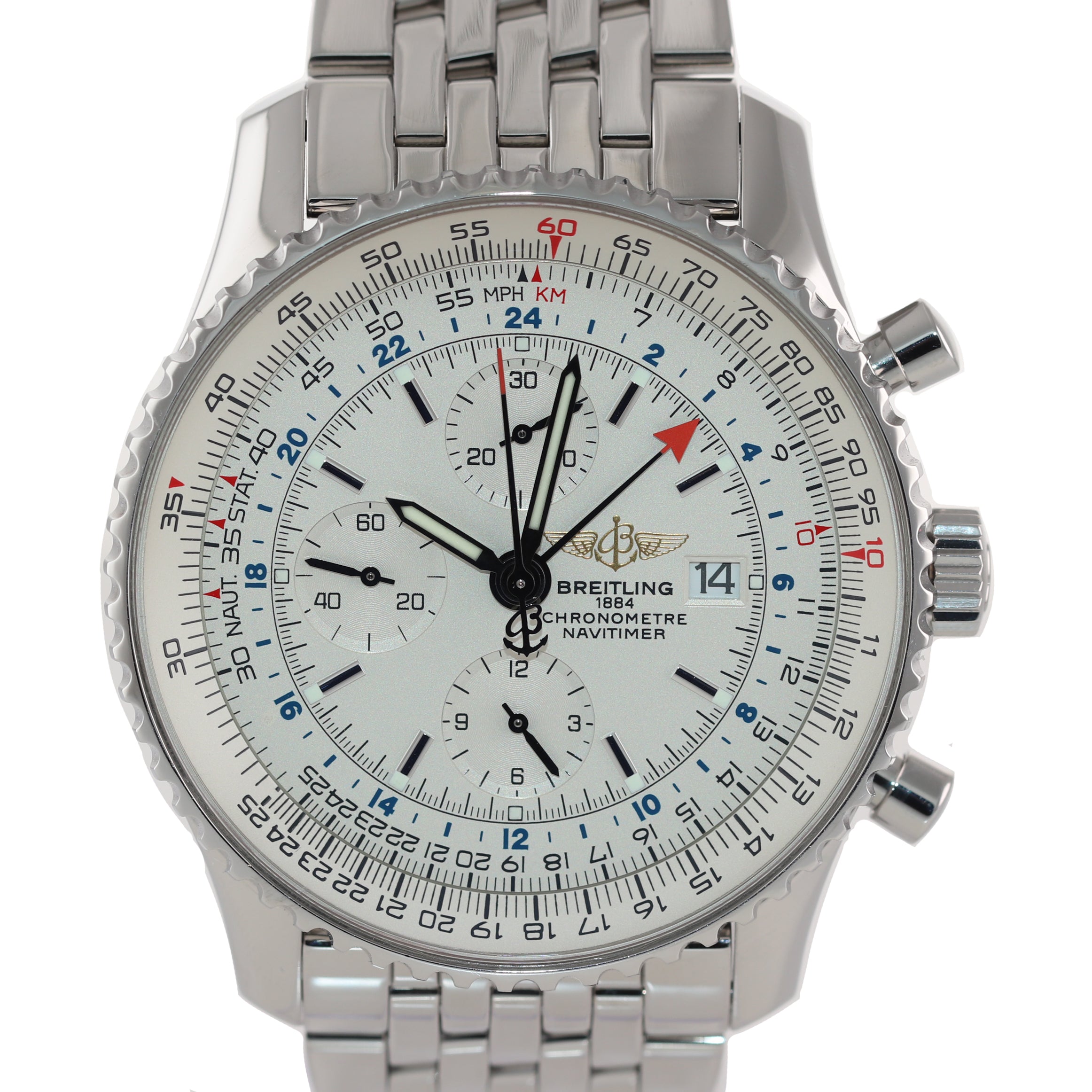 MINT Breitling Navitimer World Chronograph GMT White Cream Steel A24322 Watch