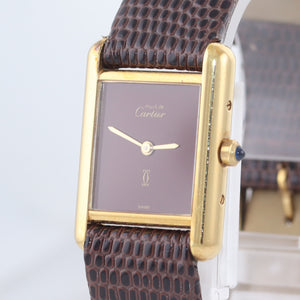 VTG Must de Cartier Tank Vermeil Gold Silver Quartz Burgundy Dial Watch 366001