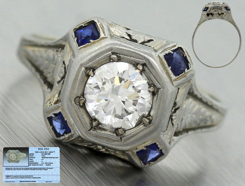$5,030 Antique Art Deco 20K Gold 0.84ct Diamond Sapphire Engagement Ring EGL USA