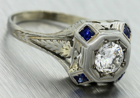 $5,030 Antique Art Deco 20K Gold 0.84ct Diamond Sapphire Engagement Ring EGL USA