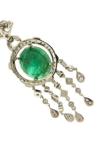 Ladies Vintage Estate 18K White Gold 6.63ctw Emerald Diamond Dangling Necklace