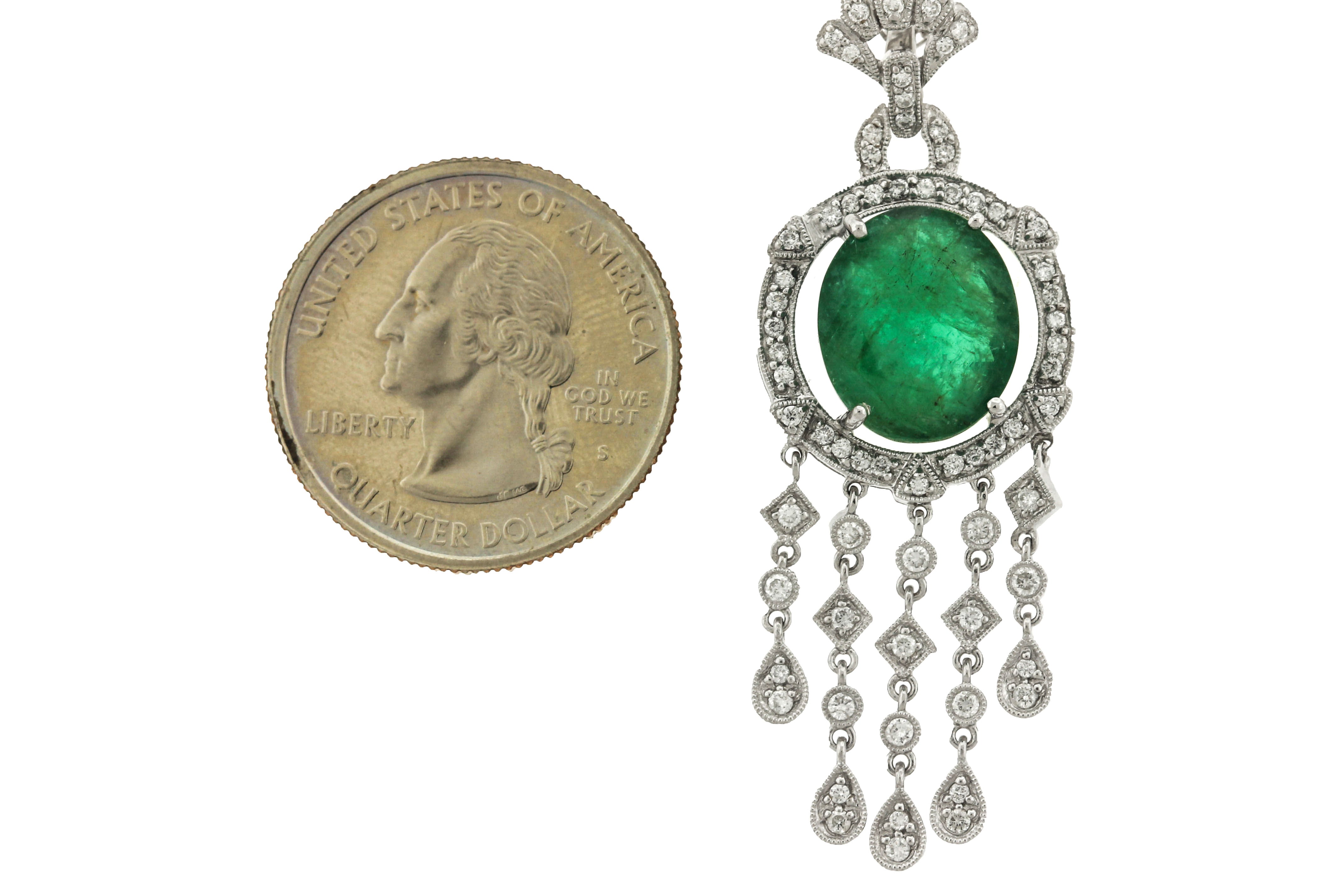 Ladies Vintage Estate 18K White Gold 6.63ctw Emerald Diamond Dangling Necklace