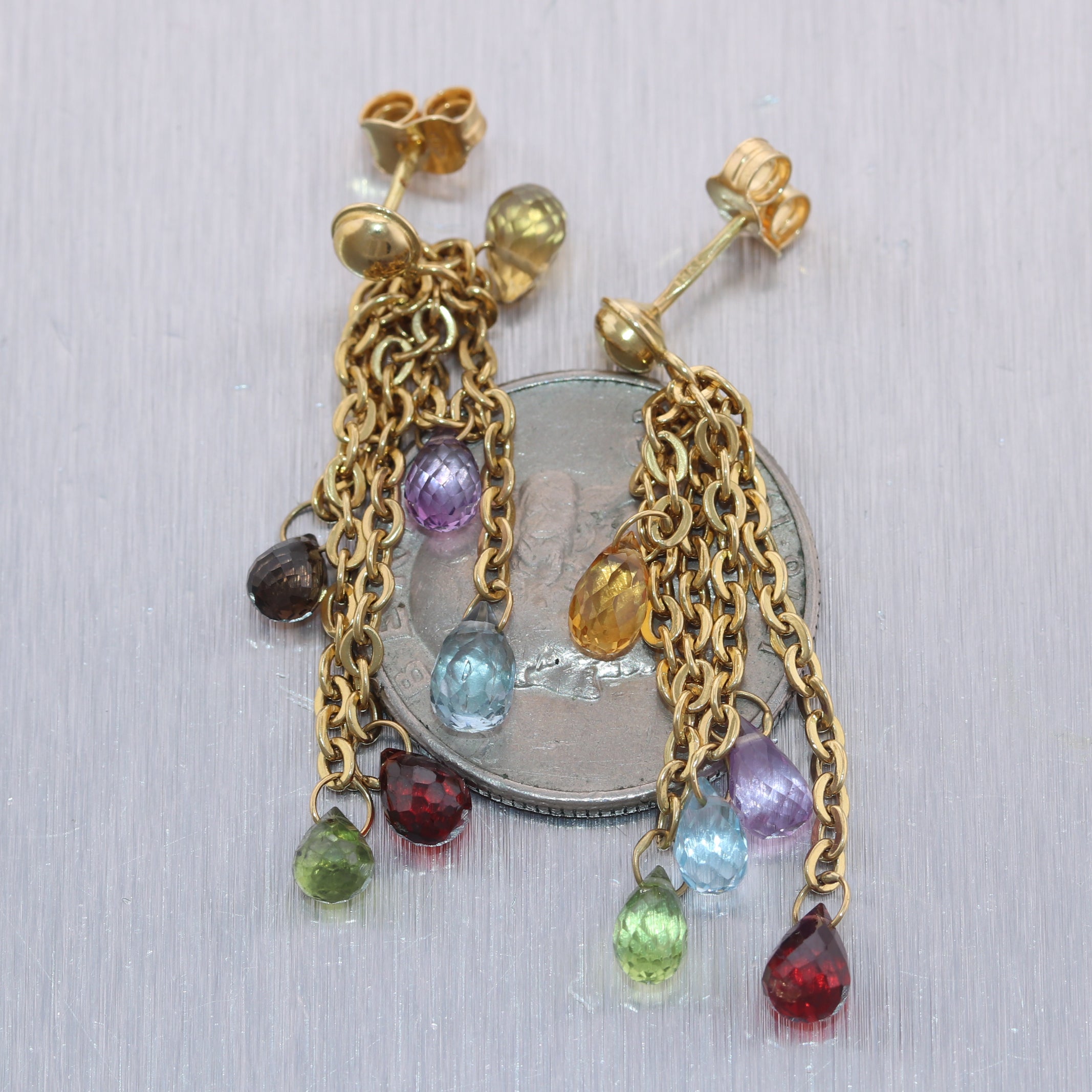 Modern 18k Yellow Gold Multi Gemstone Briolette Dangle Earrings