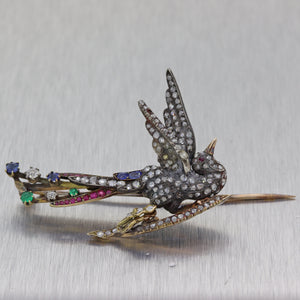 1830s Antique Victorian Silver Diamond Sapphire Emerald Ruby Bird Brooch Pin Y8