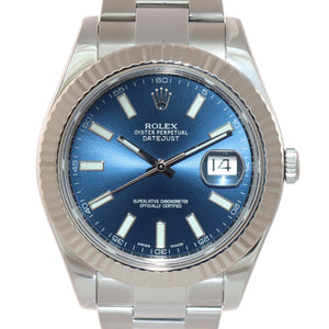 2016 Rolex Datejust 2 Blue Stick 41mm 18k White Gold Fluted Steel 116334 Watch