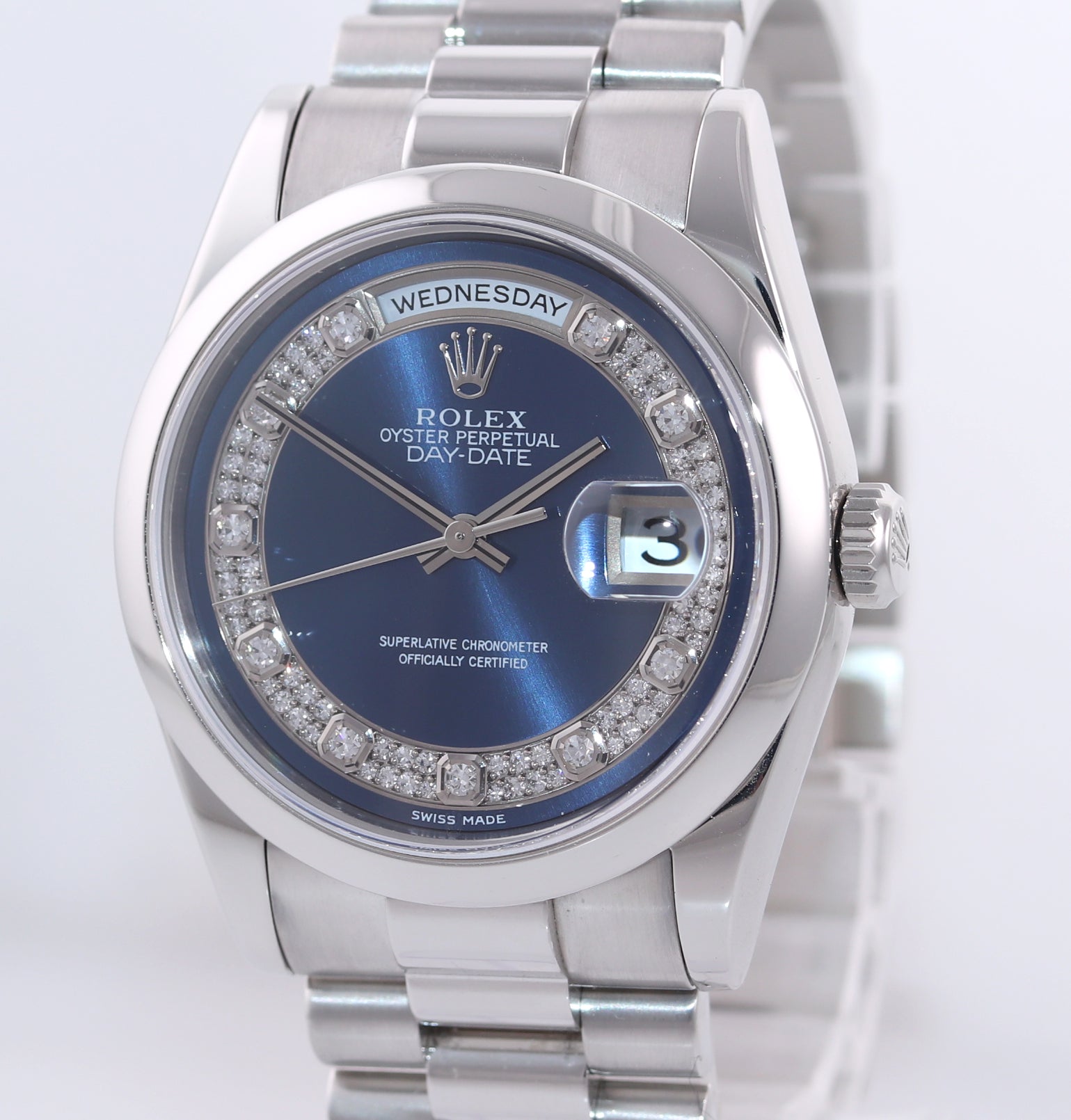 UNPOLISHED PAPERS Rolex Platinum President 118206 Blue Diamond Day Date Watch