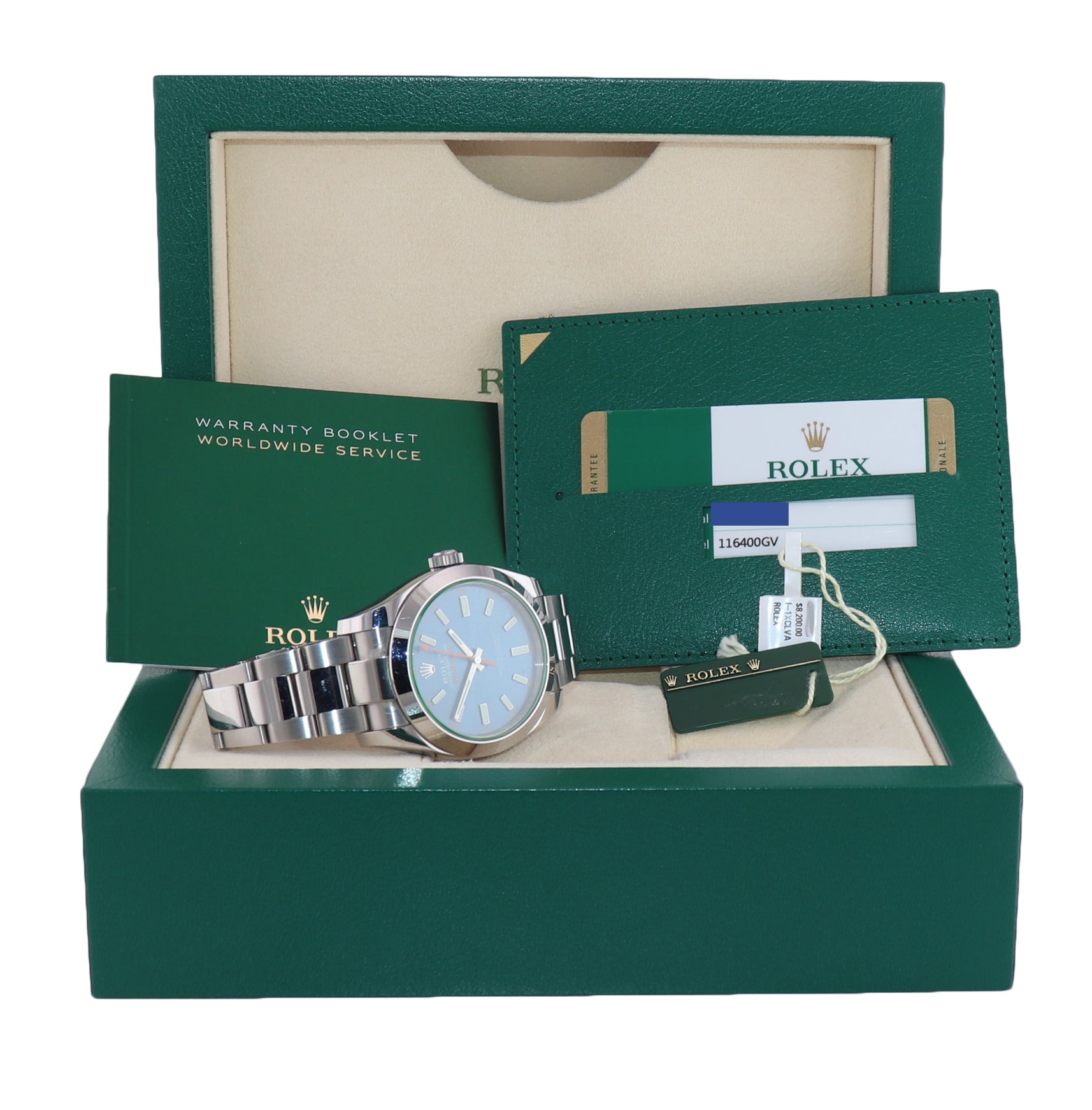 STICKERS PAPERS Rolex Milgauss Blue Anniversary Green 116400GV Steel Watch Box