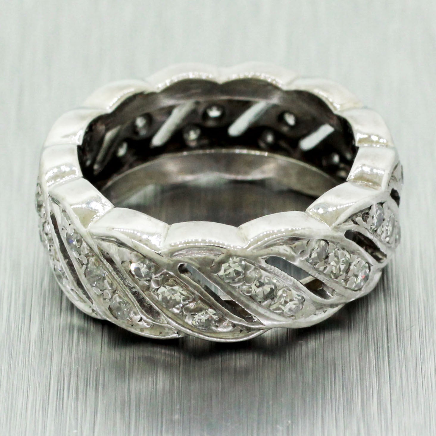 1930s Antique Art Deco 14k Solid White Gold 0.78ctw Diamond Swirl Ring