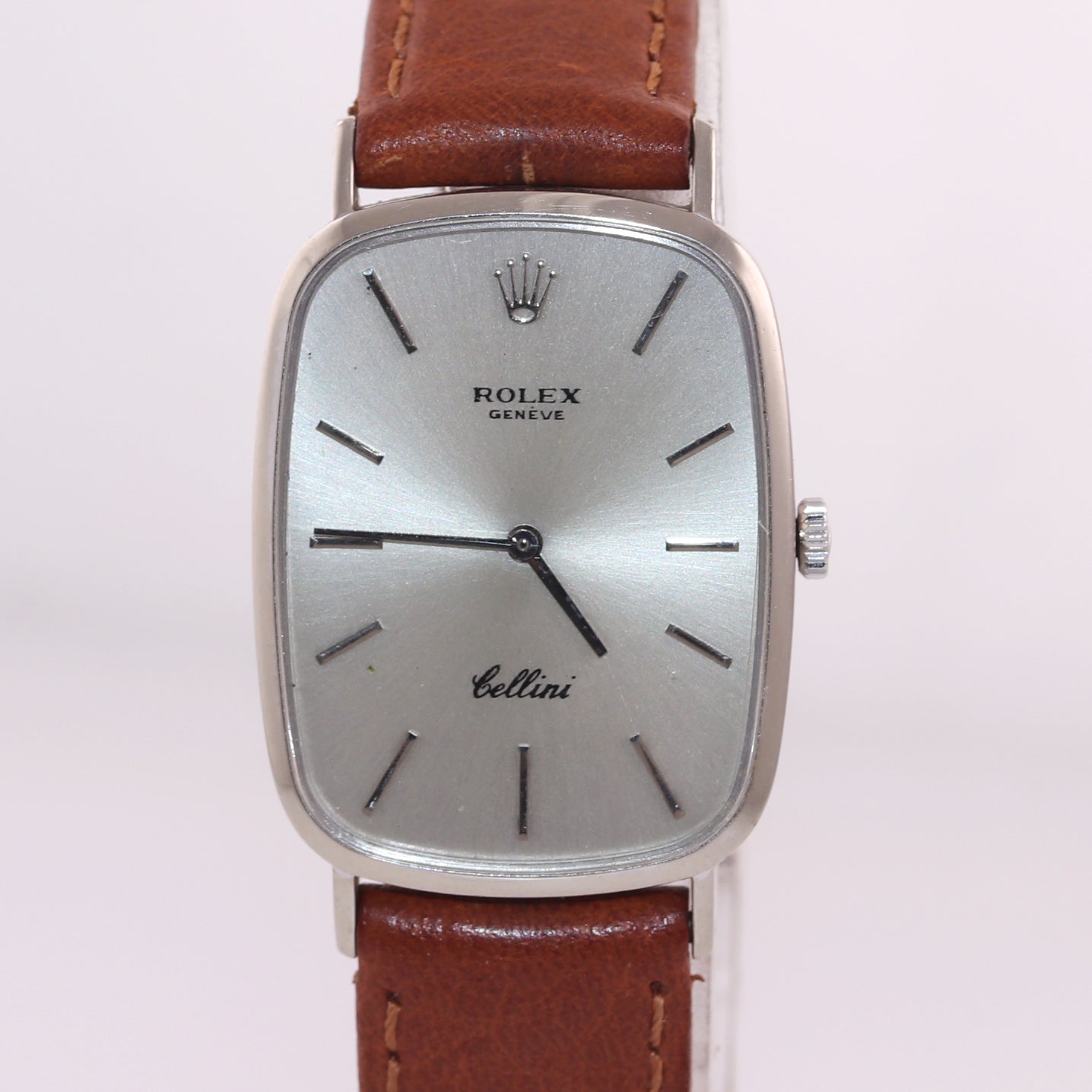 Rolex Cellini Cellini 4113 rectangular 18k White Gold Silver Dial Leather Watch