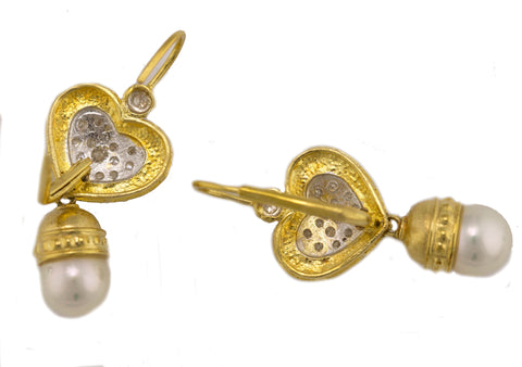 Ladies 14K 585 Yellow Gold 0.62ctw Diamond Heart Pearl Drop Dangle Earrings