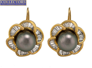 Ladies 14K Yellow Gold 0.84ctw Tahitian Pearl Baguette Cut Diamond Drop Earrings