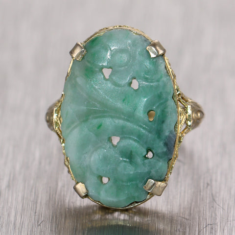 1930's Antique Art Deco Victorian Style 14k Yellow Gold Carved Jade Cocktail Ring