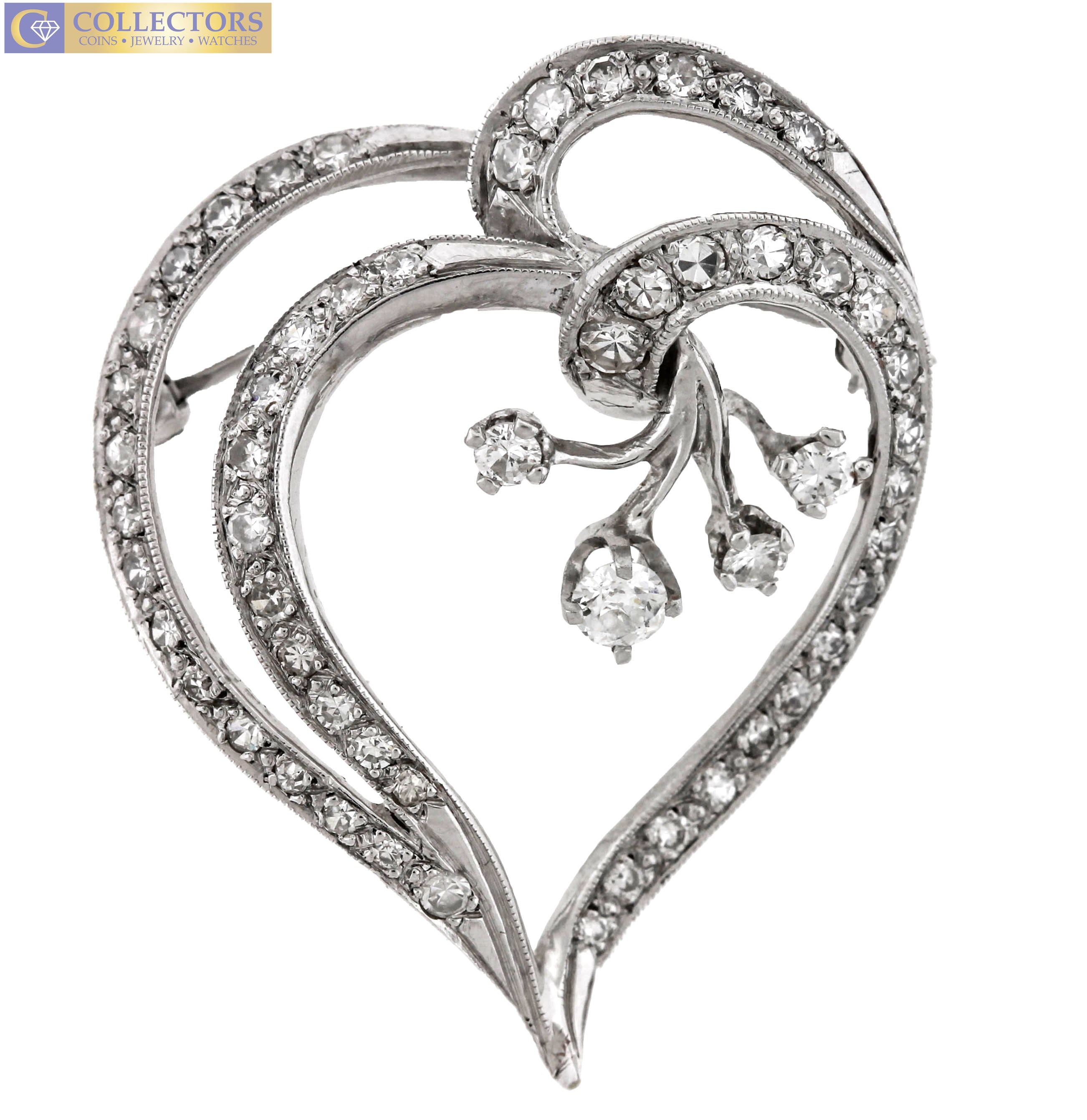 Lovely Ladies Vintage Estate 18K White Gold 1.17ctw Diamond Heart Pin Pendant
