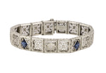1930's Art Deco 14K White Gold 0.03 CT Diamond Sapphire Floral Filigree Bracelet