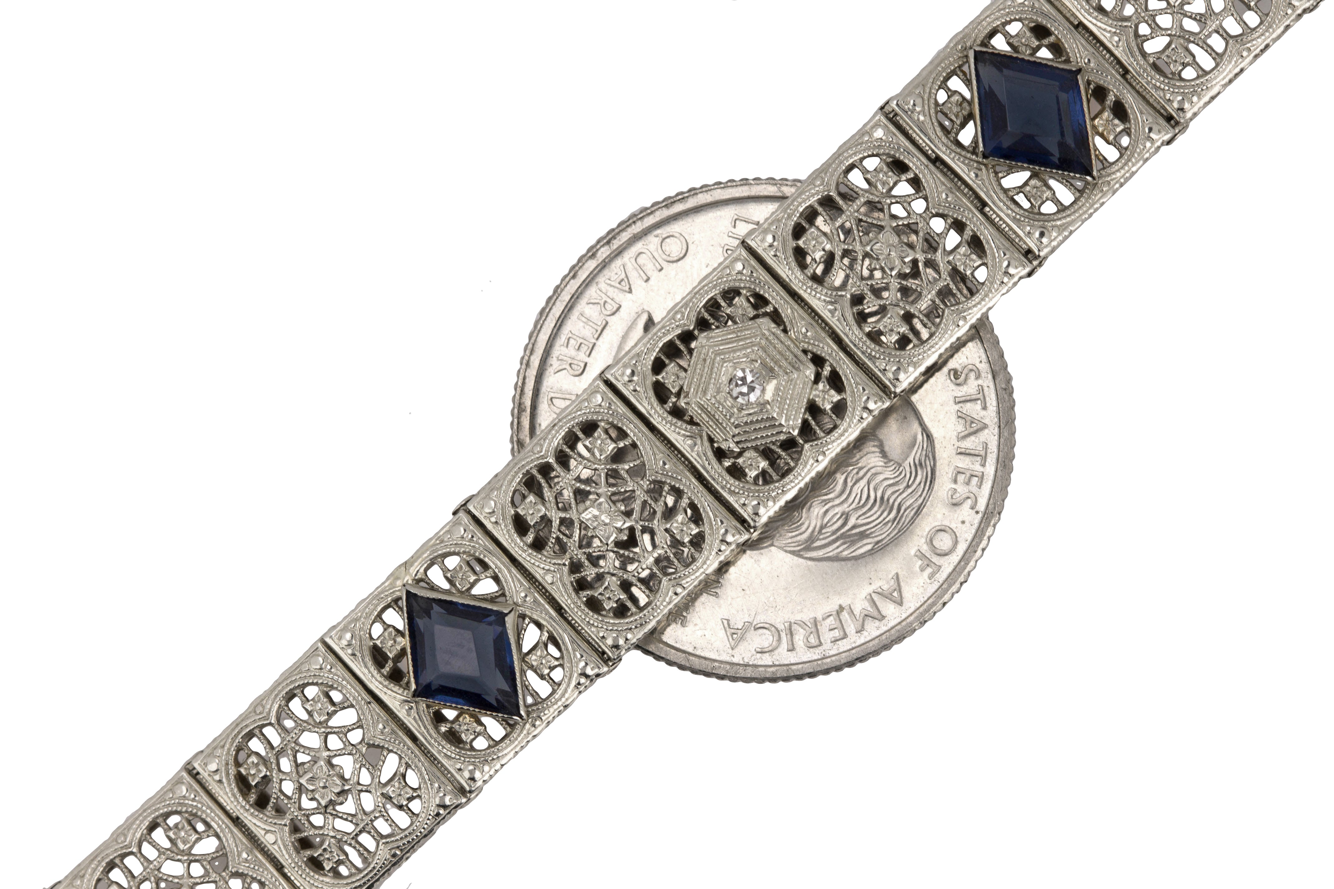 Art Deco 35 Carat Ruby & 11 Carat Diamond Filigree Floral Motif Bracelet in 18K White Gold