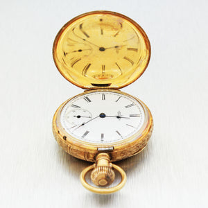 Antique 14k Solid Yellow Gold  0.10ctw Diamond Elgin 38184 Pocket Watch