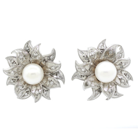 Vintage 14k White Gold 7.13mm Pearl and Diamond Flower Stud Earrings