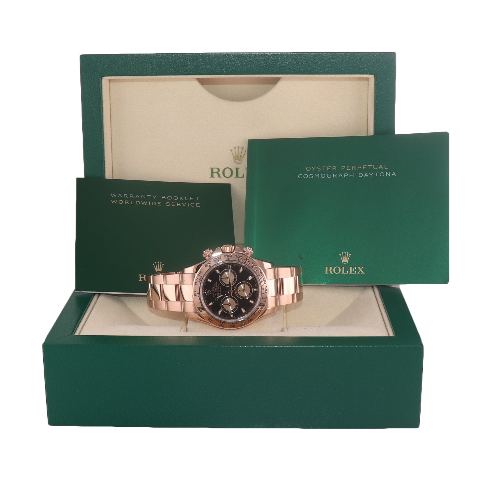 Rolex Daytona 18k Rose Gold 116505 18k Black Dial Chrono Watch Box