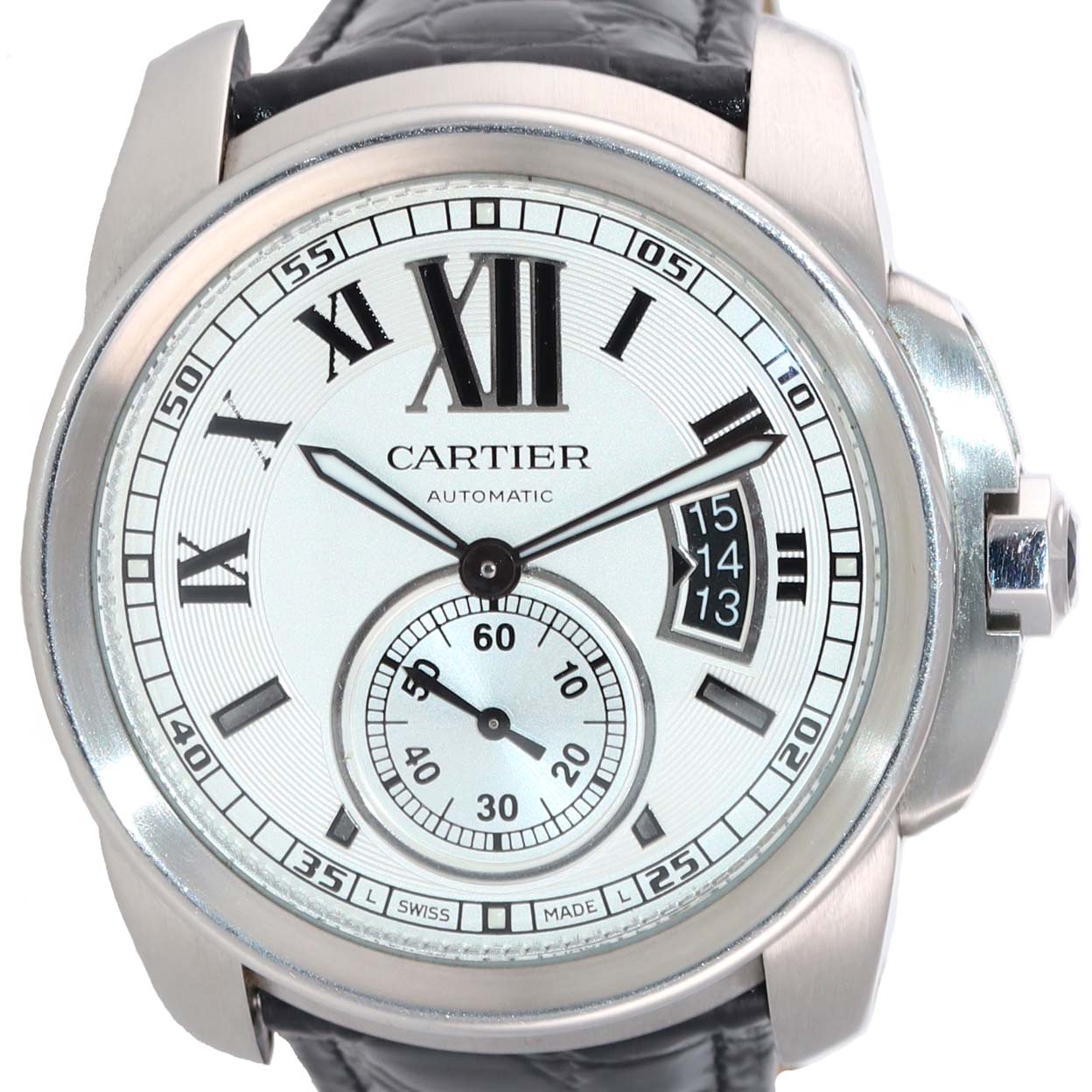 Cartier Calibre 42mm Steel Silver Roman 3299 Black Leather Date Automatic Watch
