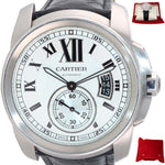 Cartier Calibre 42mm Steel Silver Roman 3299 Black Leather Date Automatic Watch
