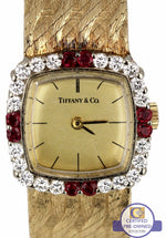 Vintage Ladies Authentic Tiffany & Co. 14K Yellow Gold Ruby Diamond Bezel Watch
