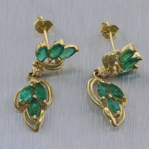 Vintage Estate 14k Yellow Gold 2.02ctw Emerald & Diamond Dangle Earring