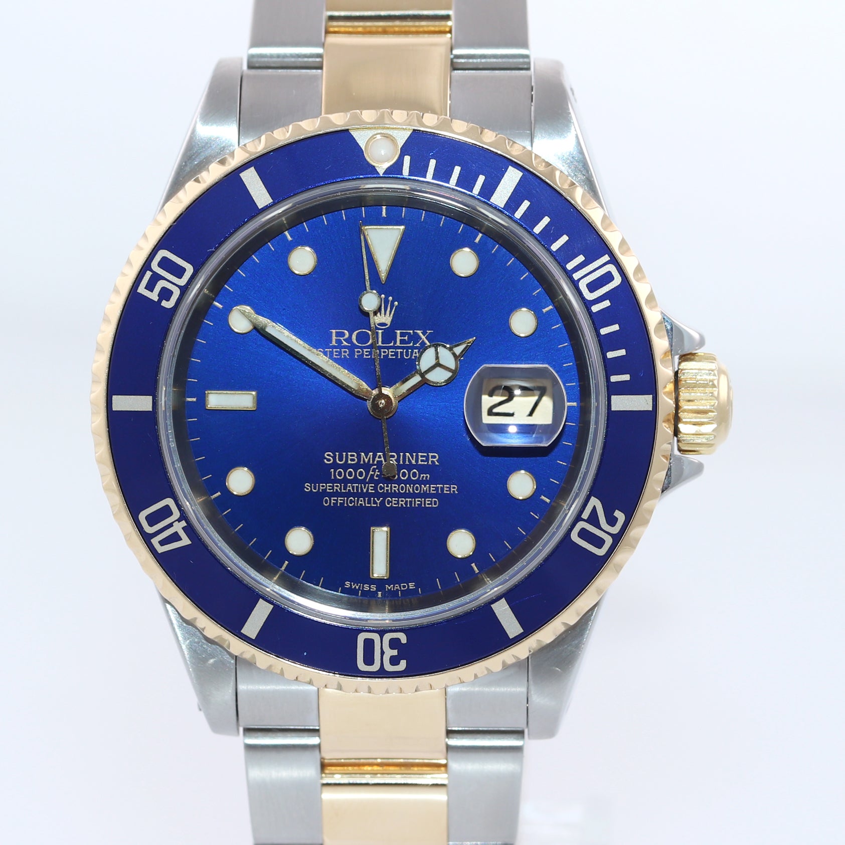 PAPERS 2002 Rolex Submariner 16613 Two Tone 18k Yellow Gold Blue Sunburst Watch