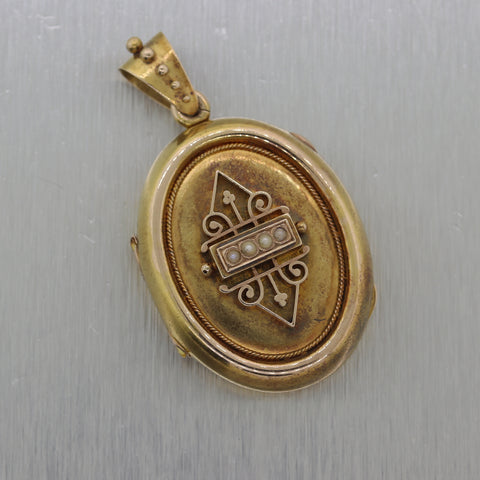 1860's Antique Victorian 14k Yellow Gold Seed Pearl Locket