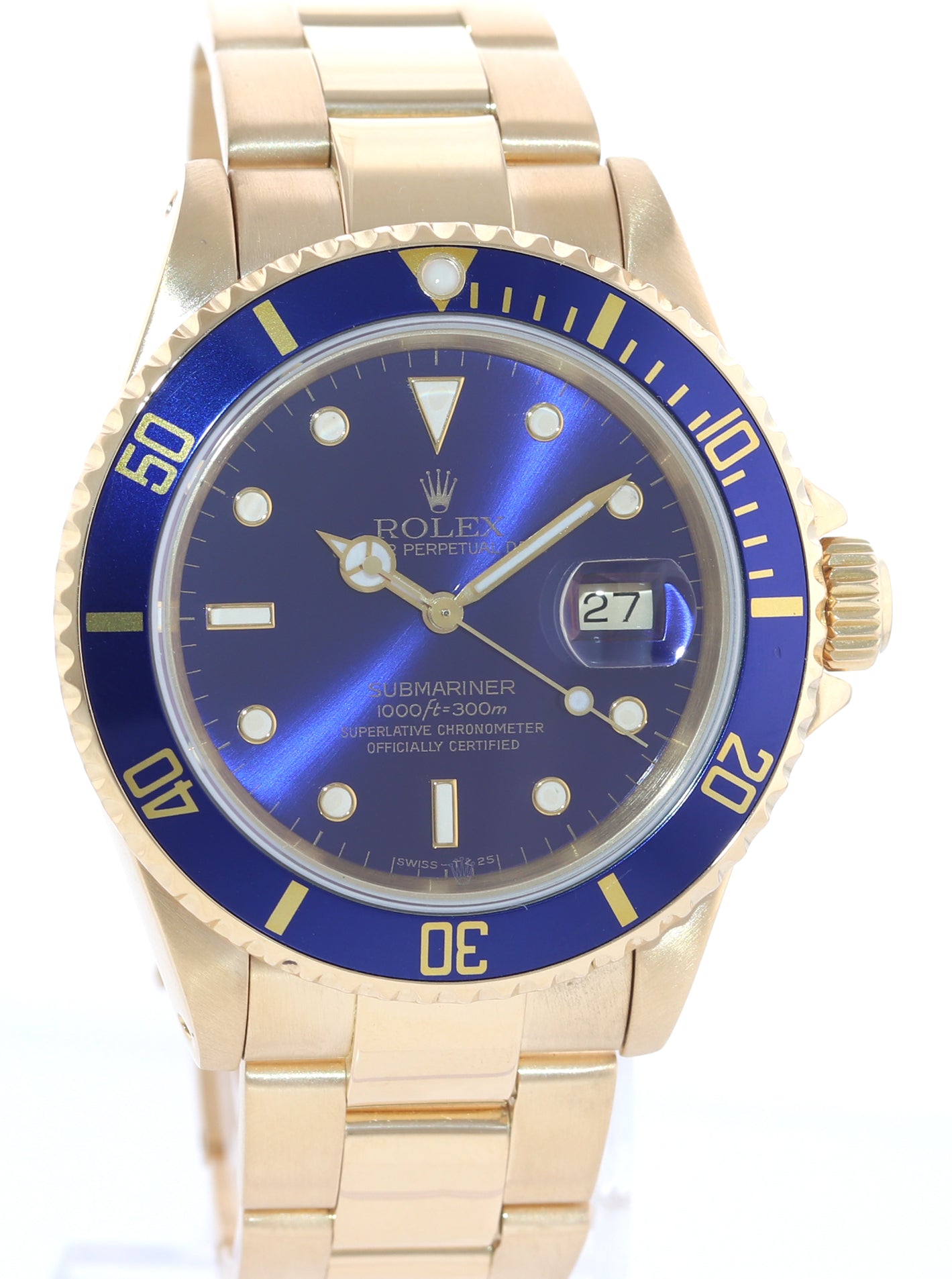 Rolex 16618 Submariner 18K Yellow Gold Blue 40MM Sunburst Dial Watch Box