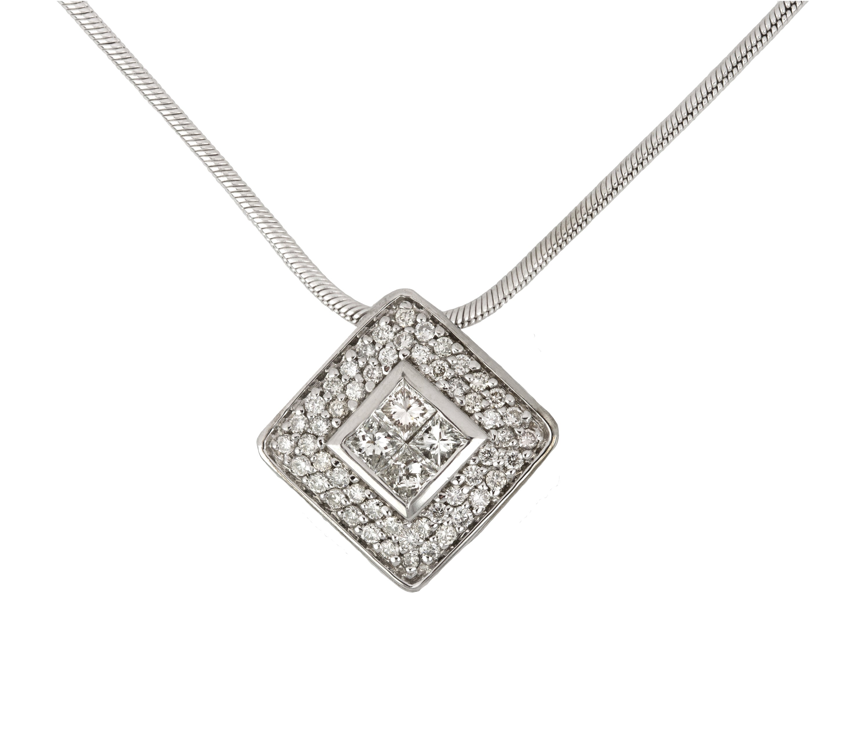 Modern 14K White Gold 1.04ctw Princess Cut Diamond Square 18" Pendant Necklace