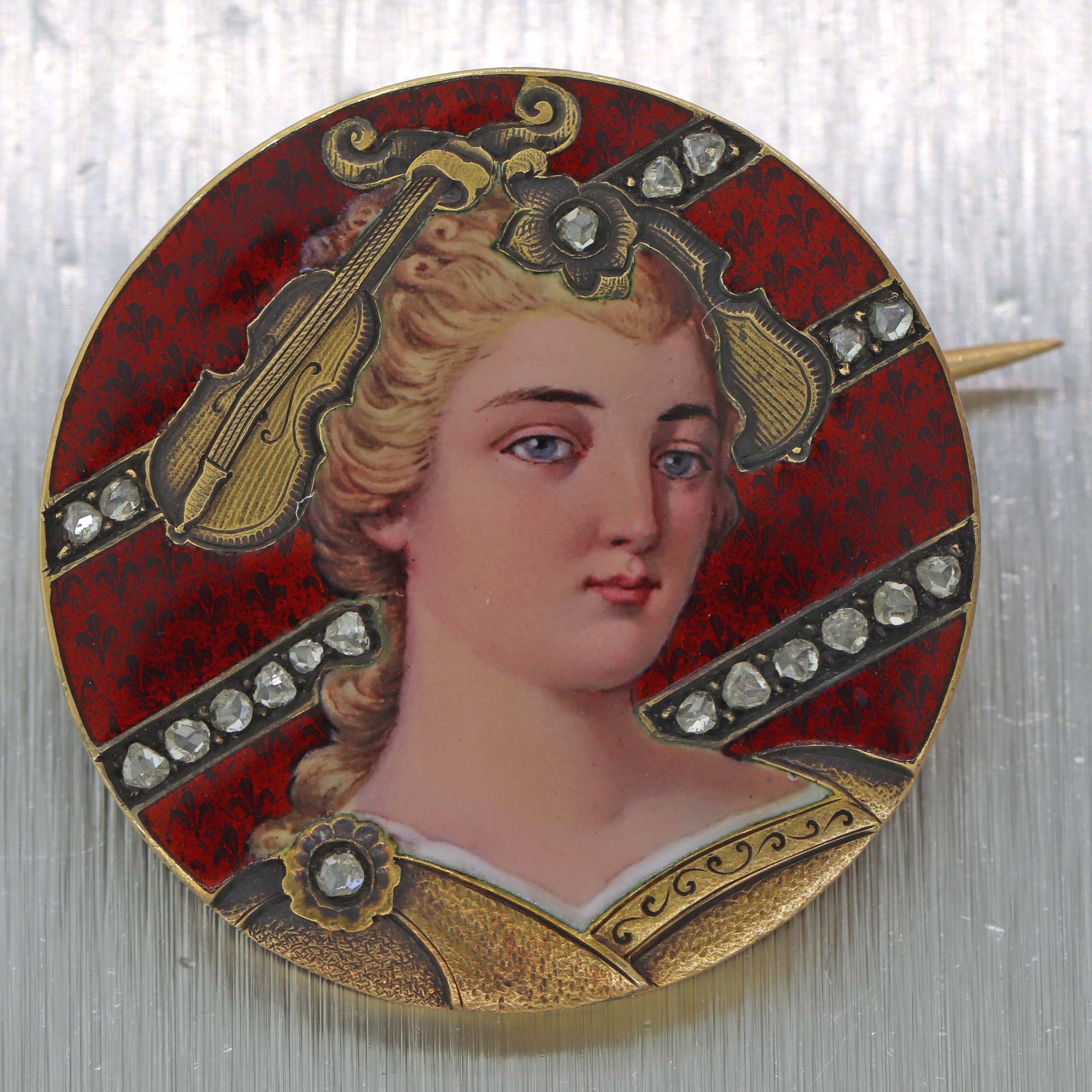 1850s Antique Victorian 18k Hand Painted Rose Diamond Violin Lady Portrait Brooch Pin