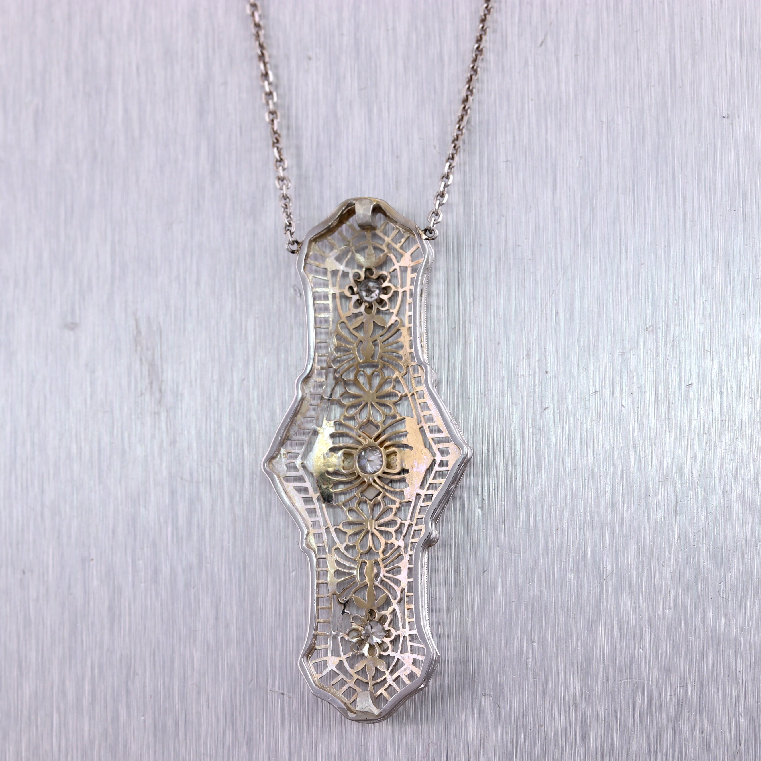 1920's Antique Art Deco 14k White Gold 0.25ctw Diamond Filigree 21" Necklace