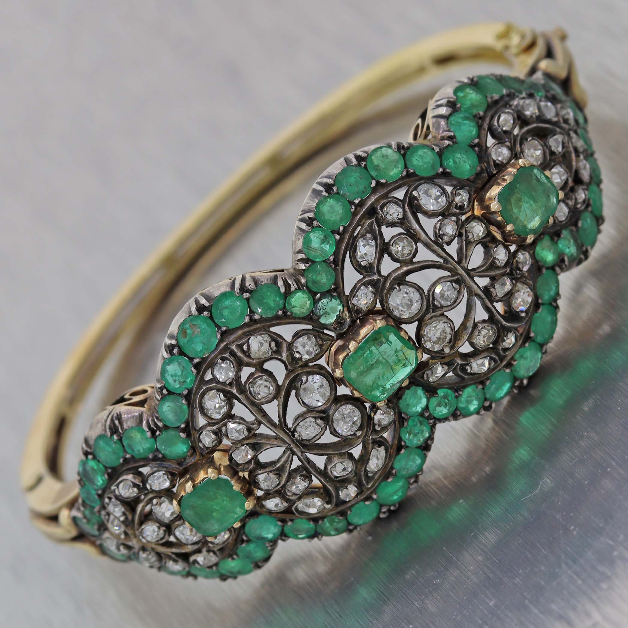 1890s Antique Victorian Silver on Gold 5ct Emerald Rose Cut Diamond Bangle Bracelet