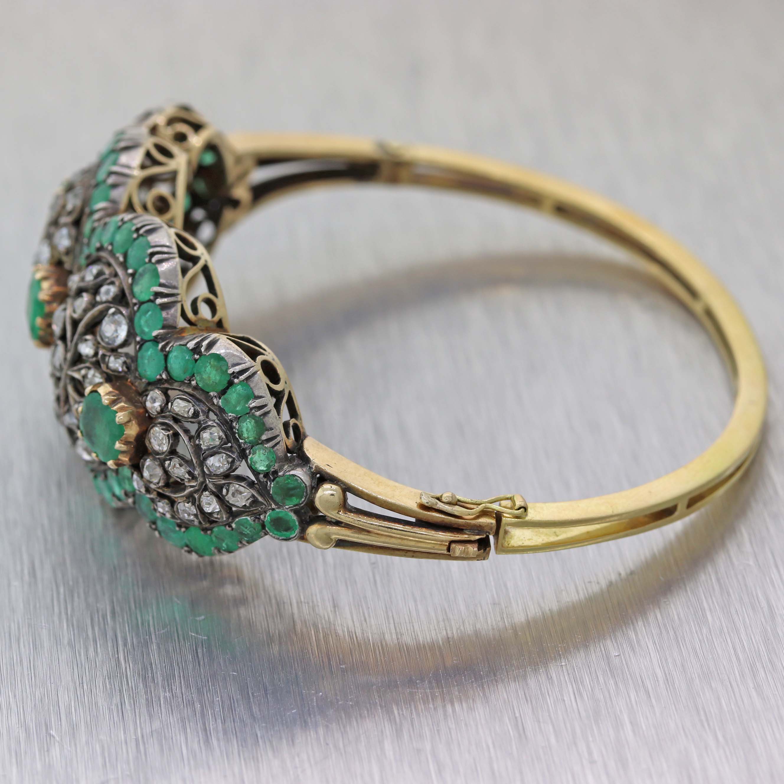 1890s Antique Victorian Silver on Gold 5ct Emerald Rose Cut Diamond Bangle