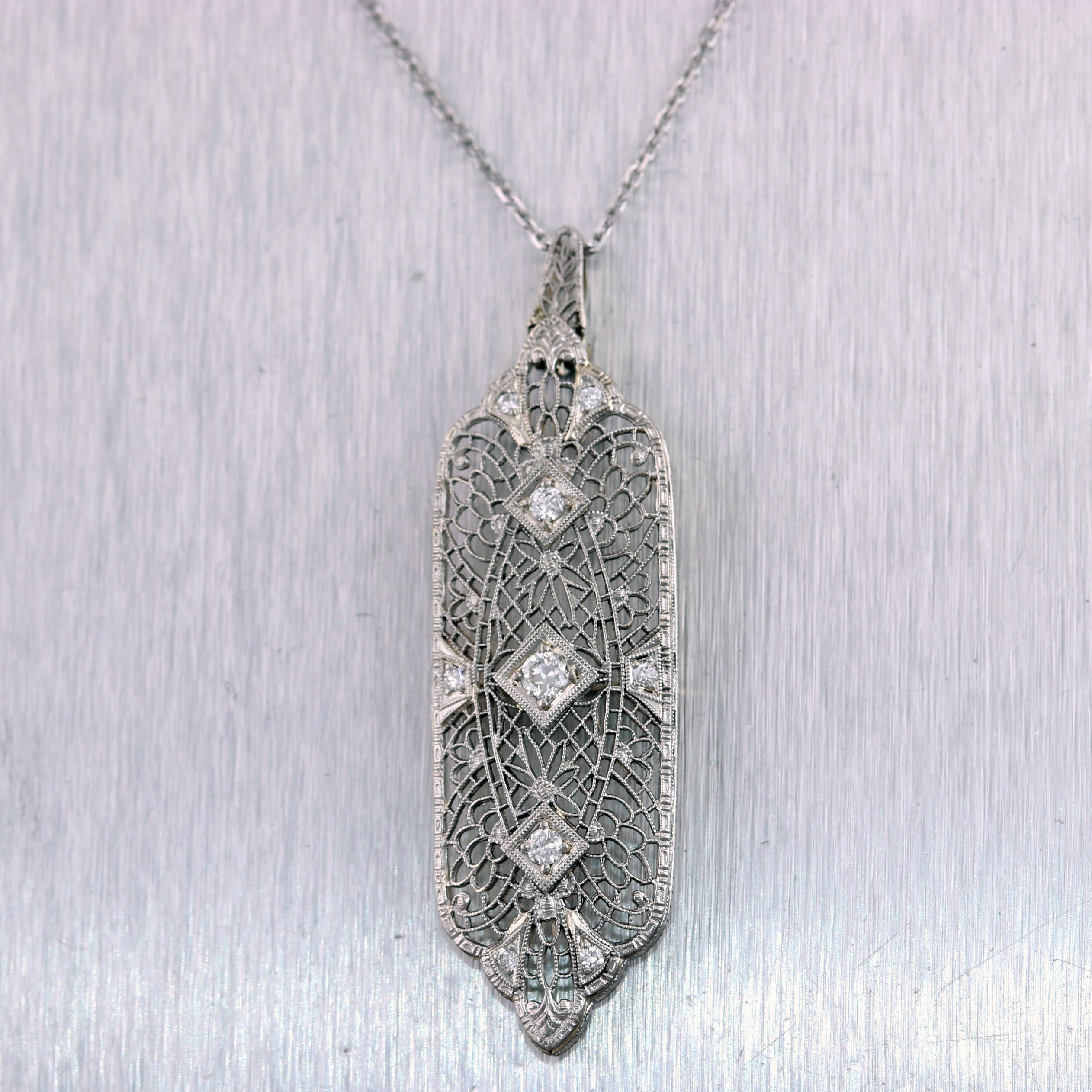 1920's Antique Art Deco 14k White Gold 0.52ctw Diamond Filigree 22" Necklace