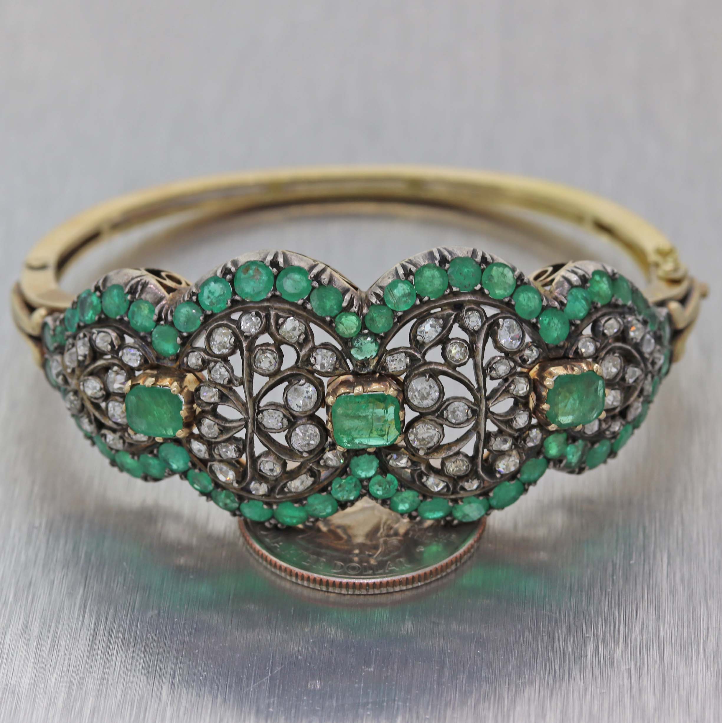 1890s Antique Victorian Silver on Gold 5ct Emerald Rose Cut Diamond Bangle Bracelet