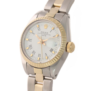 Ladies Rolex 26mm 6917 Two Tone Gold Steel White Roman Dial Date Oyster Watch