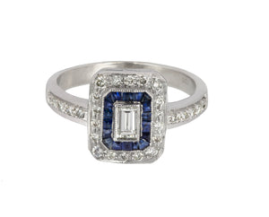 Womens Estate 18K White Gold 0.20ct Diamond Emerald-Cut Sapphire Engagement Ring