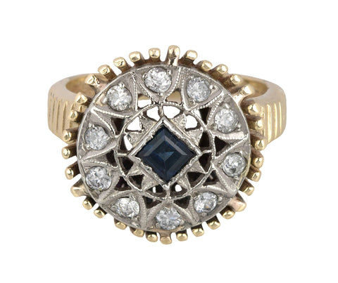 Retro Modernist 14K Two-Tone Gold 0.40ctw Diamond Sapphire Grooved Dome Ring