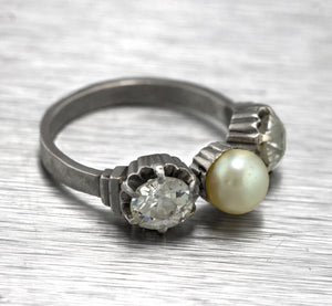 Ladies Antique Estate 14K White Gold 1 CT Old Mine Diamond Pearl Cocktail Ring