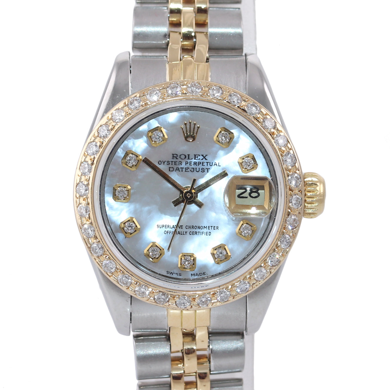 MINT Ladies Rolex 67193 Two Tone 18k Gold 26mm MOP Diamond Bezel Watch Box