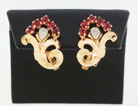 1940s Art Deco 14k Rose Gold 2.00ctw Ruby & Diamond Bouquet Earrings