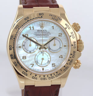BOX PAPERS Rolex Daytona MOP Mother of Pearl 116518 Leather Yellow Gold Watch