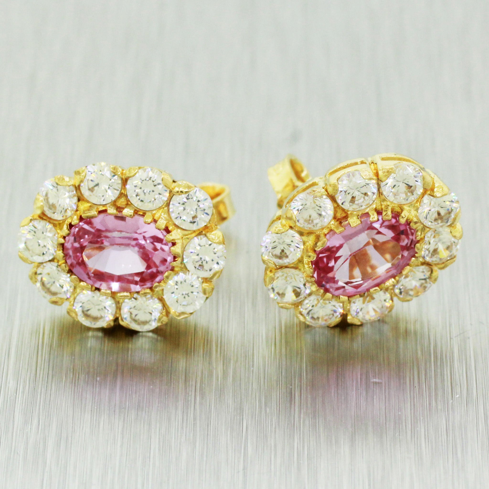 Vintage 14k Yellow Gold 1.50ctw Pink Tourmaline & Cubic Zirconia Oval Earrings