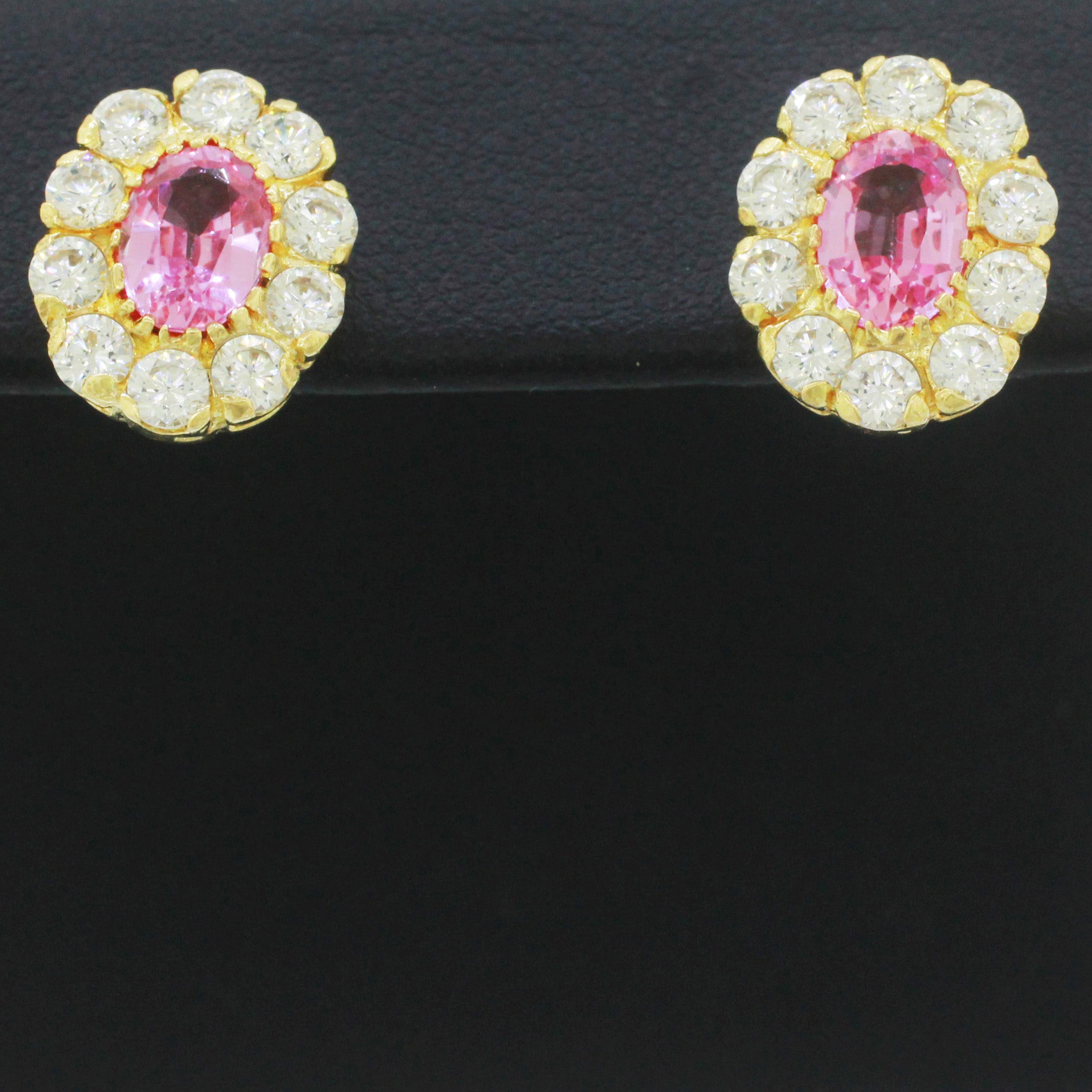 Vintage 14k Yellow Gold 1.50ctw Pink Tourmaline & Cubic Zirconia Oval Earrings