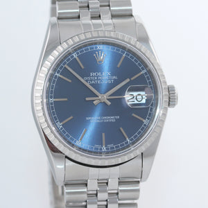 2002 MINT PAPERS Rolex DateJust 36mm 16220 Steel Blue Stick Jubilee Date Watch
