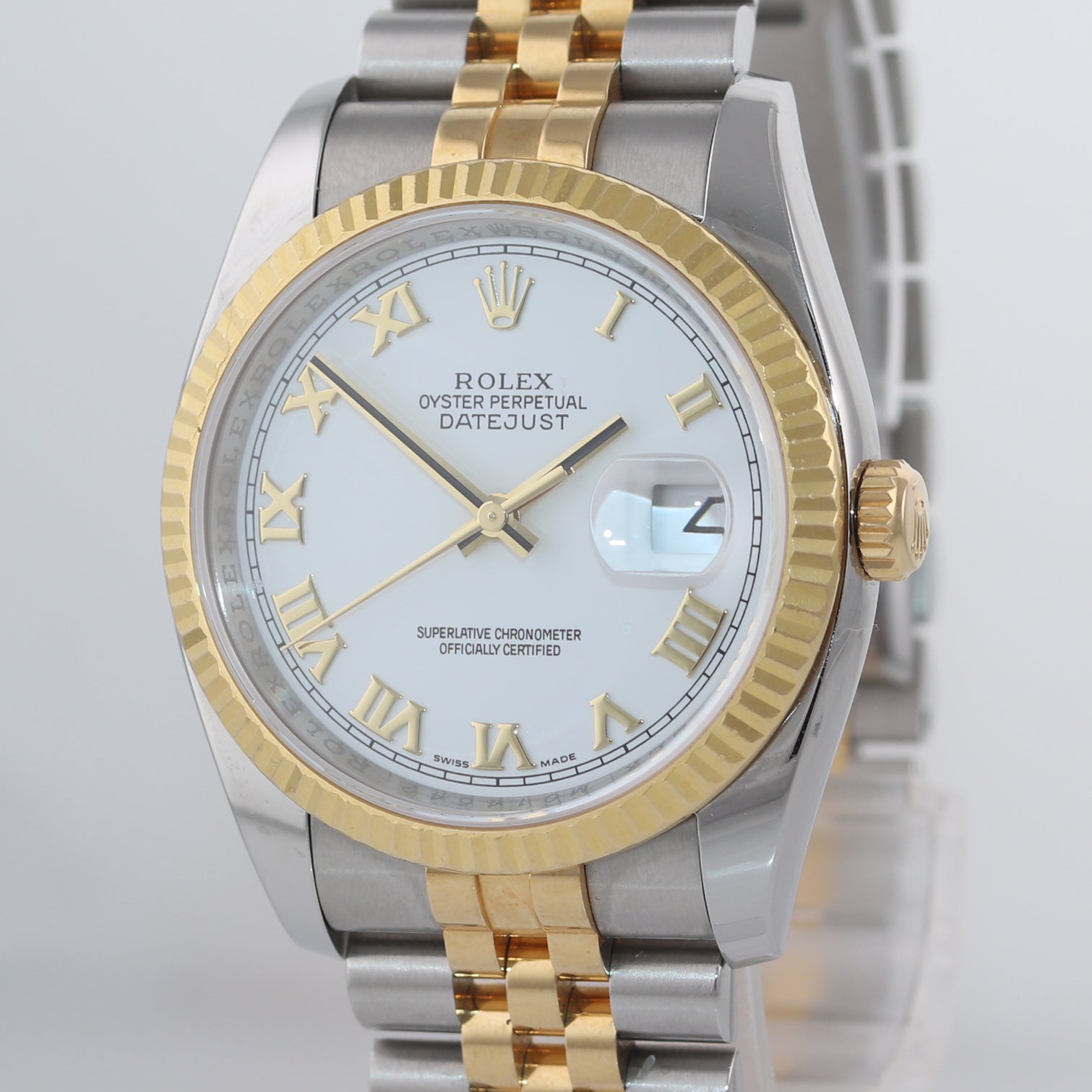 2008 Rolex DateJust Super Jubilee 36mm White Roman 116233 18k Gold Watch Box