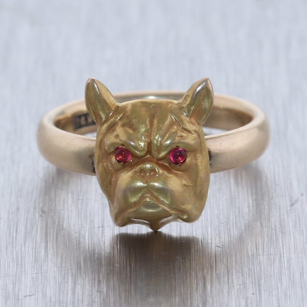 1880's Antique Victorian 14k Yellow Gold Pink Tourmaline Bulldog Ring
