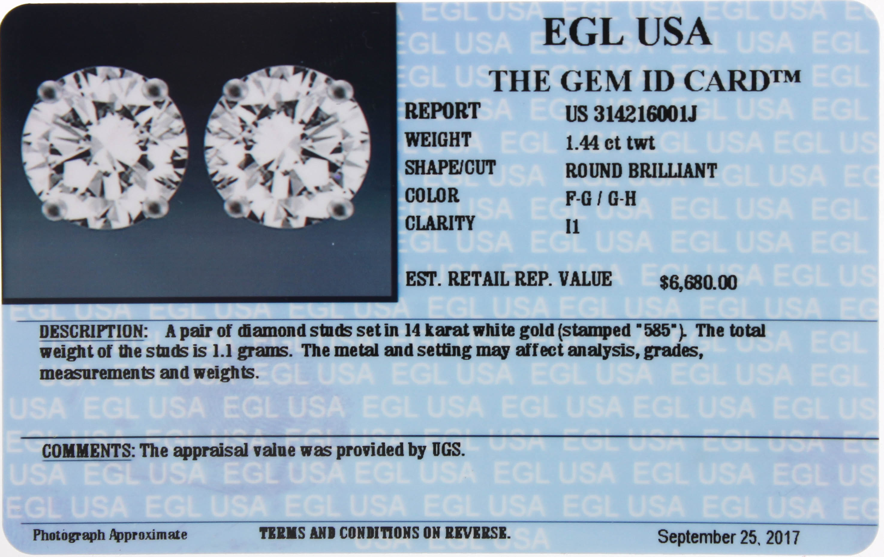 Modern 14K 585 White Gold 1.44ctw Round Brilliant Diamond Stud Earrings EGL USA